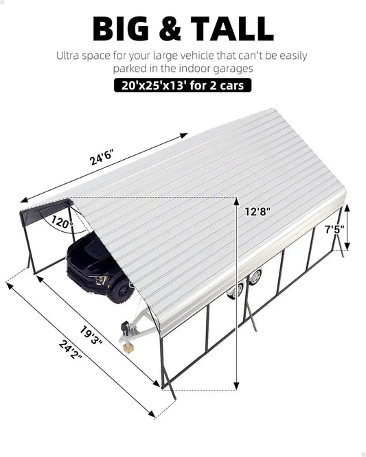 20'x25'x13' Heavy Duty Metal Carport for 2 Cars with Reinforced Frame
