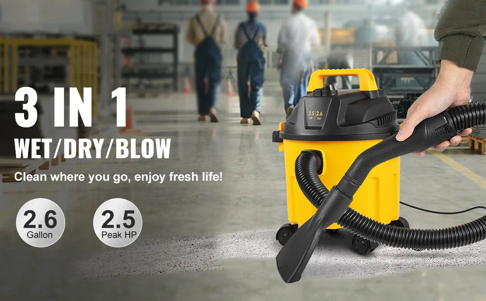 3 in 1 Wet Dry Portable Shop Vacuum with Blowing Function Vac 2.6 Gallon 2.5 Peak HP