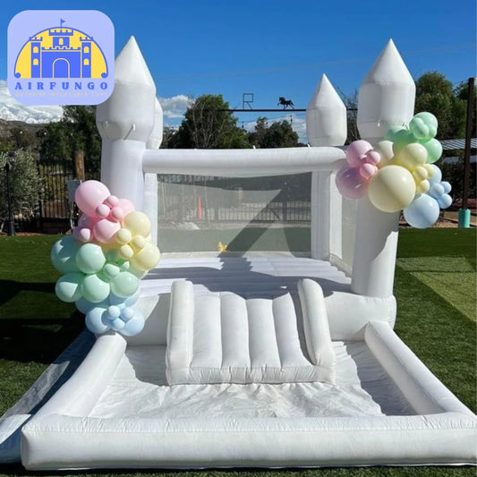 Inflatable White Bounce House with Slide, Ball Pit. Blower Included