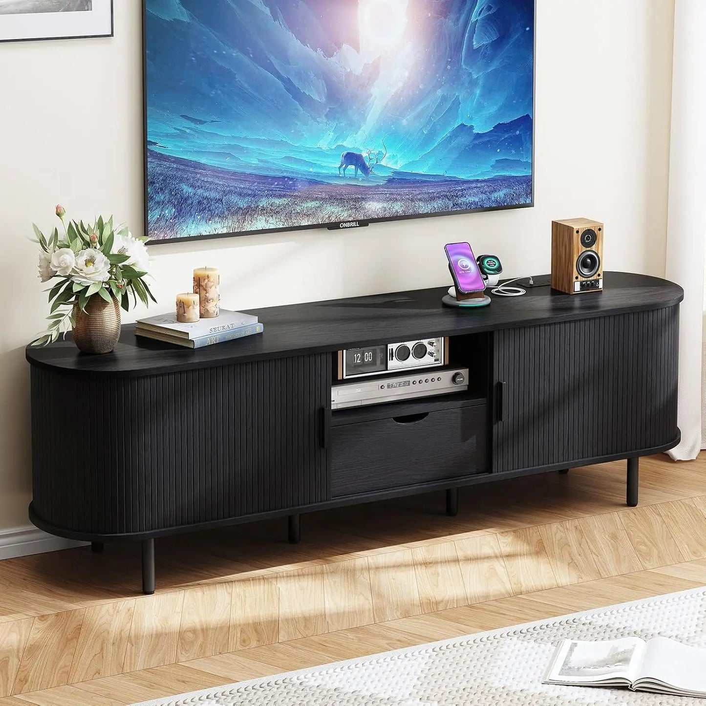 69" TV Stand Entertainment Center with Adjustable Shelves & Drawer, Power outlet