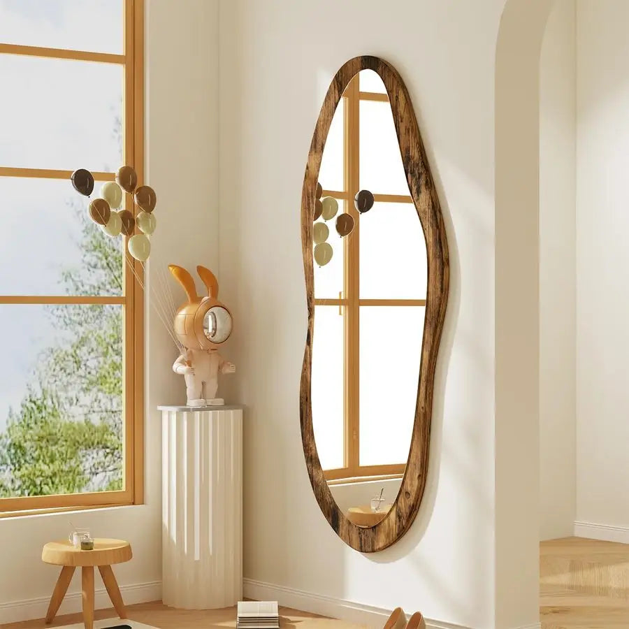 Large Wood Framed 47x20 Vintage Irregular Wall Mirror Full Length