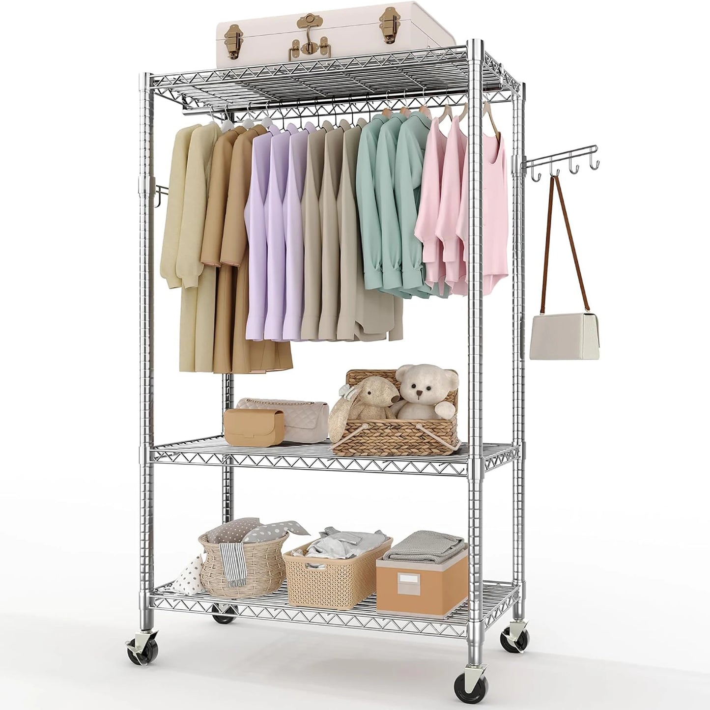 3-Tier Rolling Metal Garment Rack with Adjustable Shelves & Dual Hanging Rods