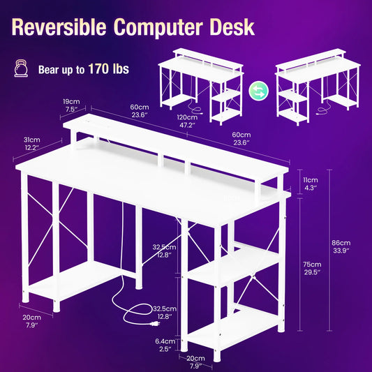 48 Inch Gaming Desk with LED Lights Power Outlets and Shelves