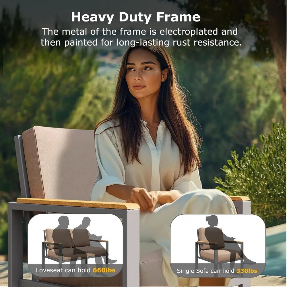 5-Piece Metal Outdoor Sectional Patio Furniture Set with Fire Pit Table with Cushions.