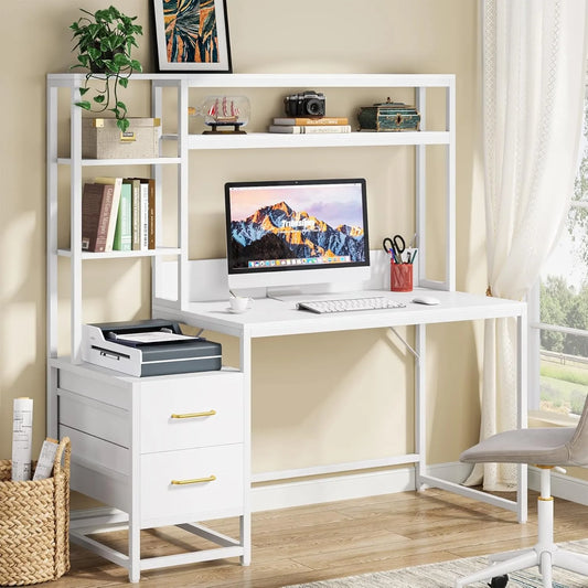 55 Inch Computer Desk with 2 Drawers and Storage Shelves