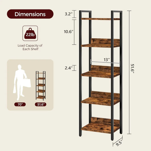 5-Tier Bookcase for Small Spaces, Rustic Brown & Black.