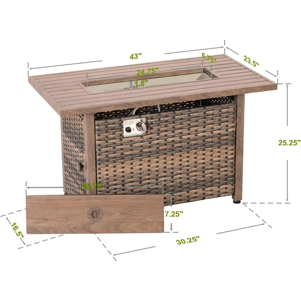 Smokeless Outdoor Fireplace Table. With Rattan Design. 43-inch Propane Gas