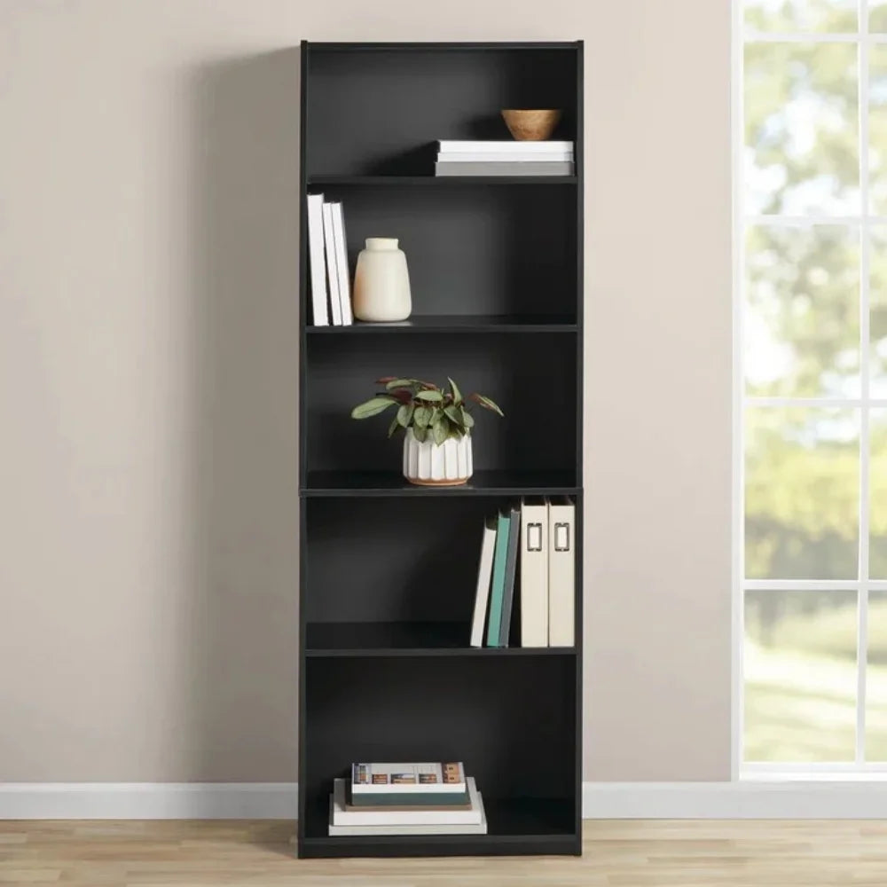 Five-shelf bookcase with adjustable shelves.