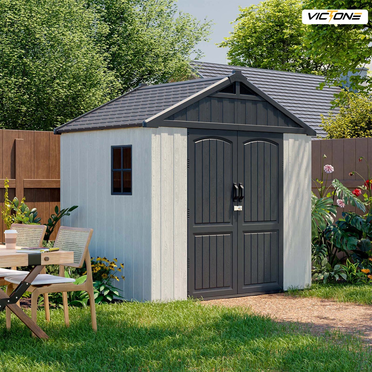 8' x 6' Plastic Outdoor Storage Shed with Floor, Window and Lockable Door