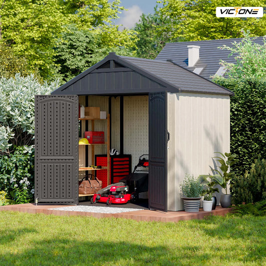 8' x 6' Plastic Outdoor Storage Shed with Floor, Window and Lockable Door