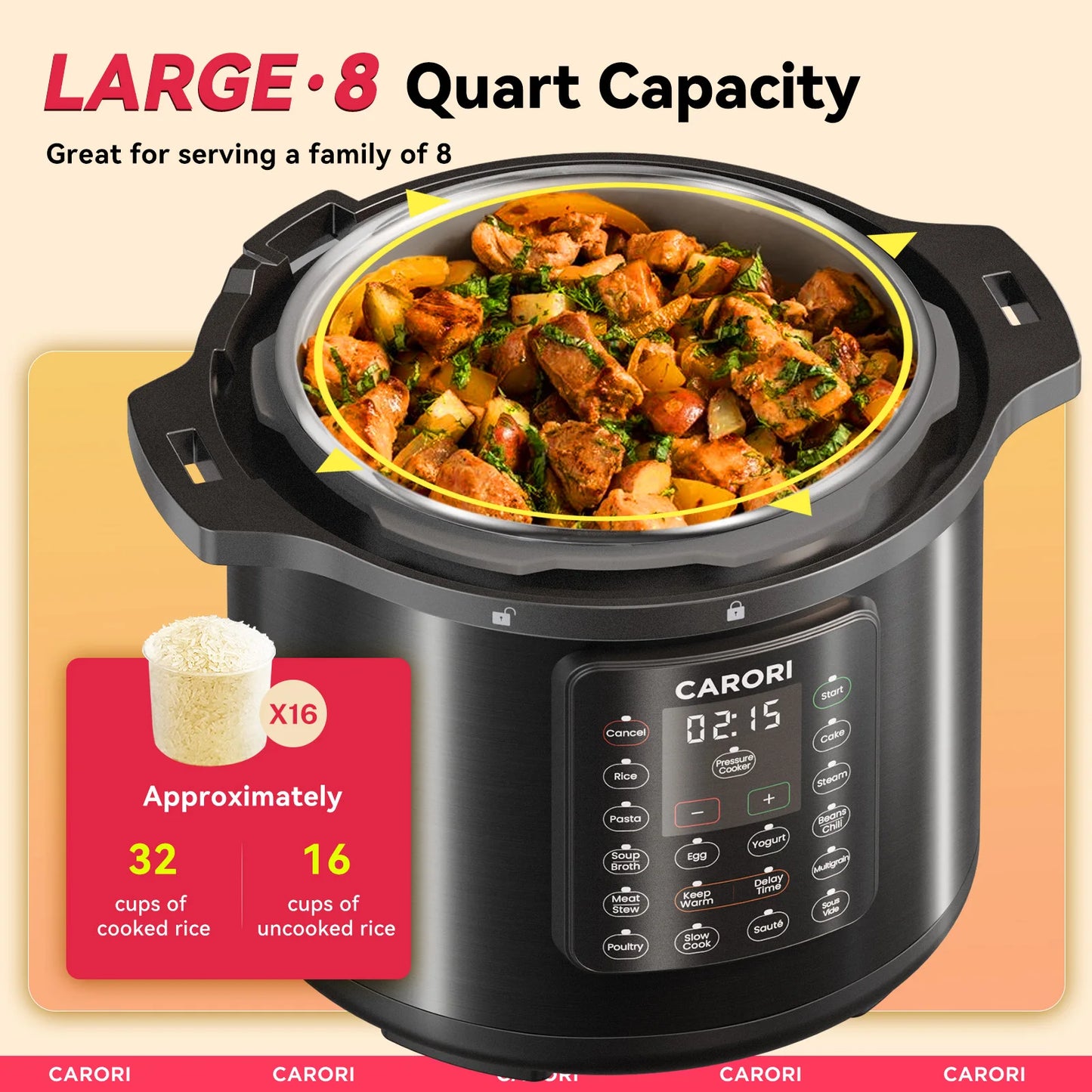 1200W 8Qt. Stainless Steel Electric Pressure Cooker.