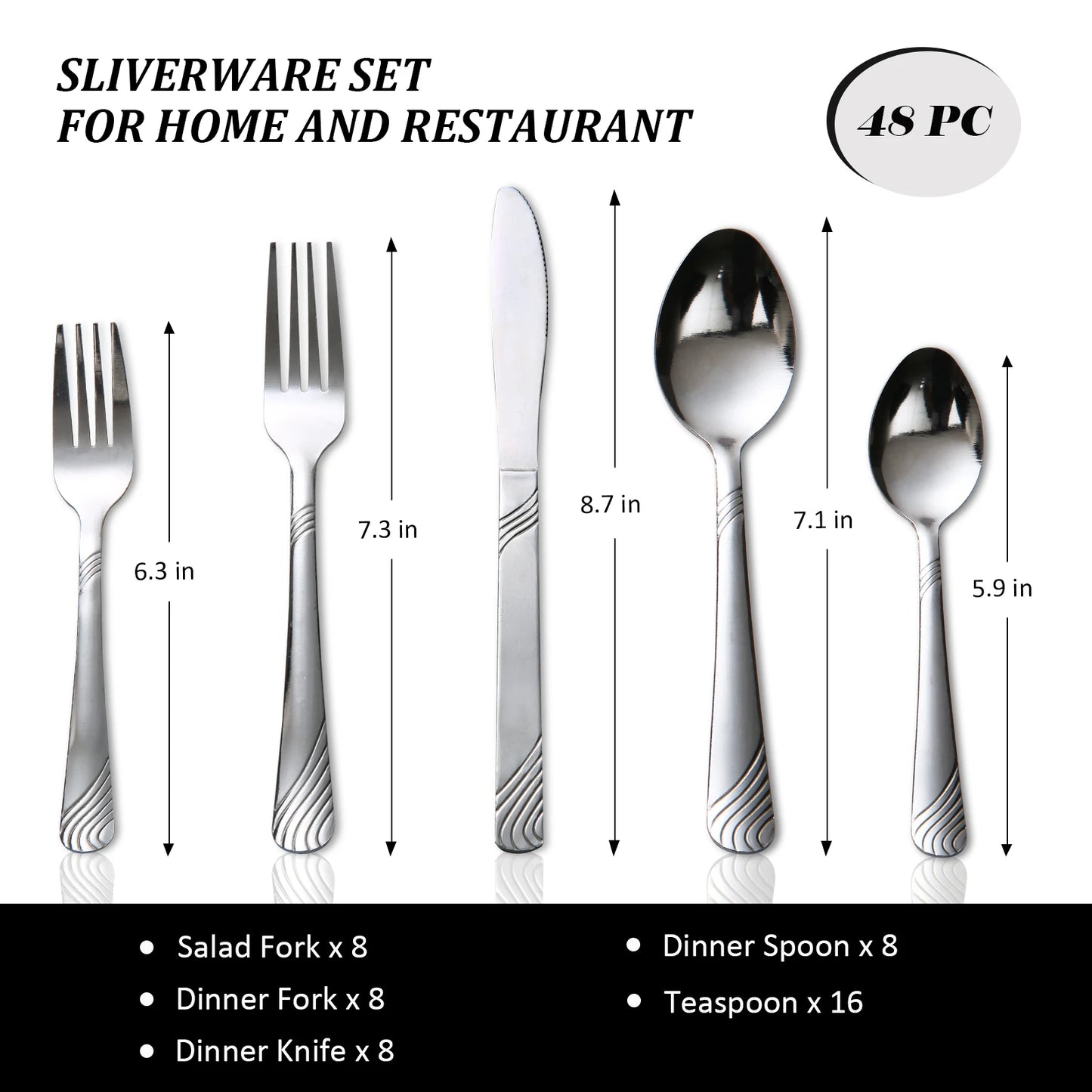 48 Pcs Stainless Steel Dinnerware Set For 8. Forks, Spoons, and Knife