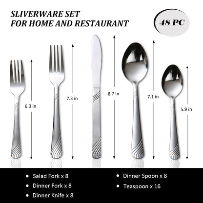 48 Pcs Stainless Steel Dinnerware Set For 8. Forks, Spoons, and Knife