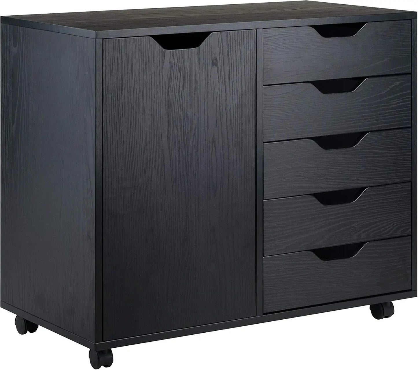 Mobile Cabinet with 5 Drawers and Side Storage, Black Finish