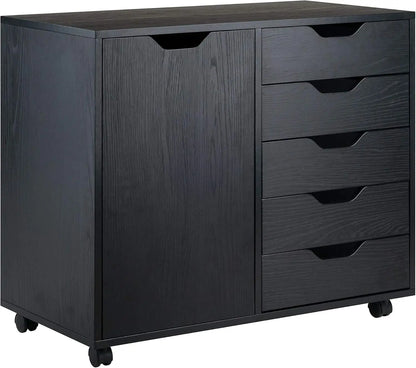 Mobile Cabinet with 5 Drawers and Side Storage, Black Finish