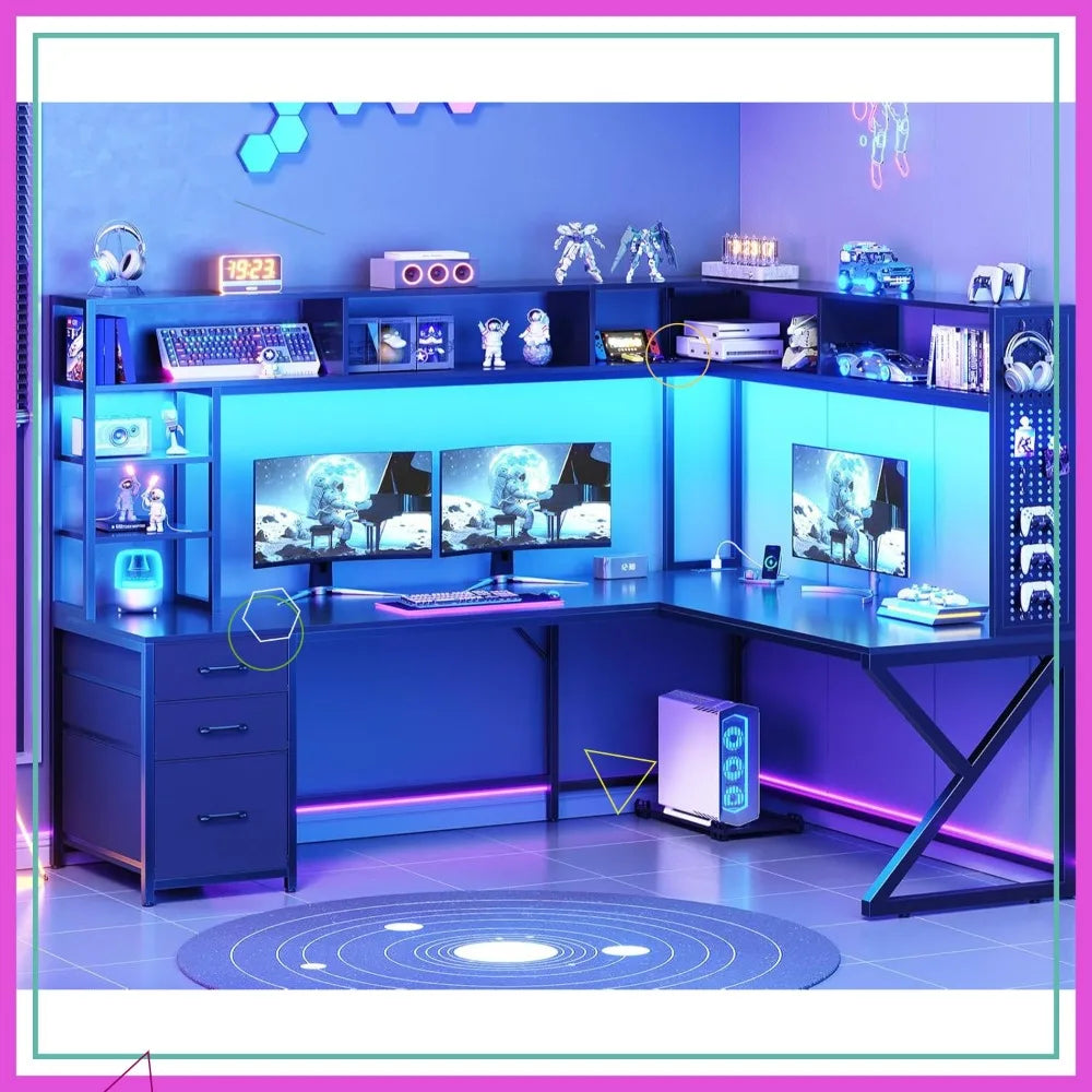 L-Shaped Gaming Desk with Storage, LED Lights & Power Outlet