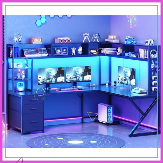 L-Shaped Gaming Desk with Storage, LED Lights & Power Outlet