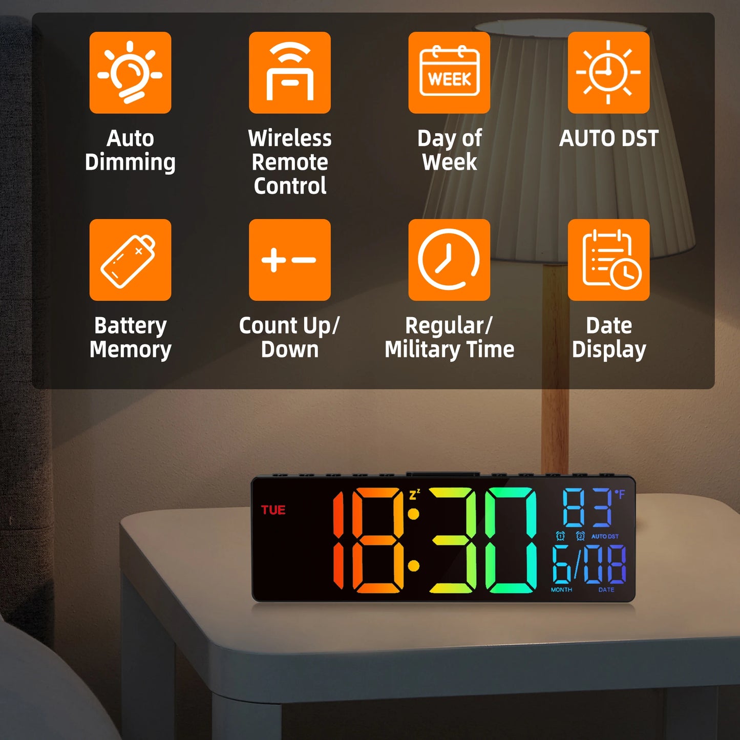 10.5" LED Digital Wall Clock and Temperature Display and Remote