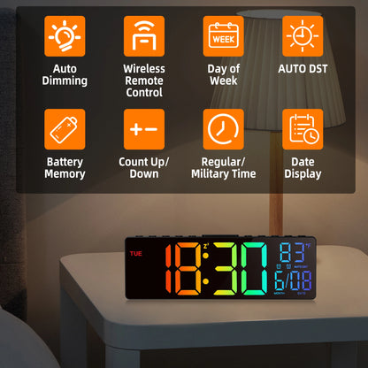 10.5" LED Digital Wall Clock and Temperature Display and Remote