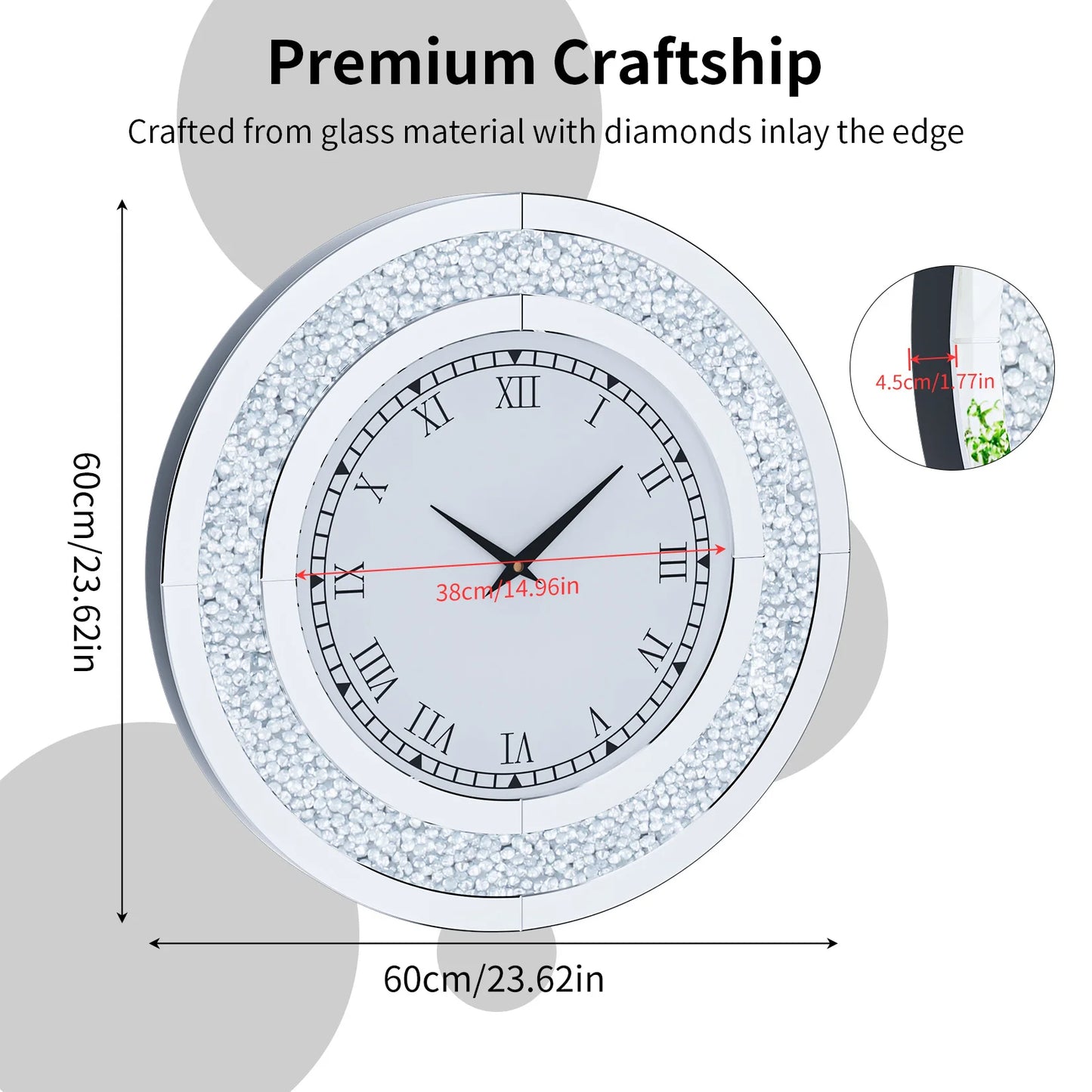 24"-in. Crystal Sparkle Round Mirrored Wall Clock