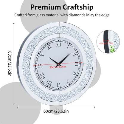 24"-in. Crystal Sparkle Round Mirrored Wall Clock