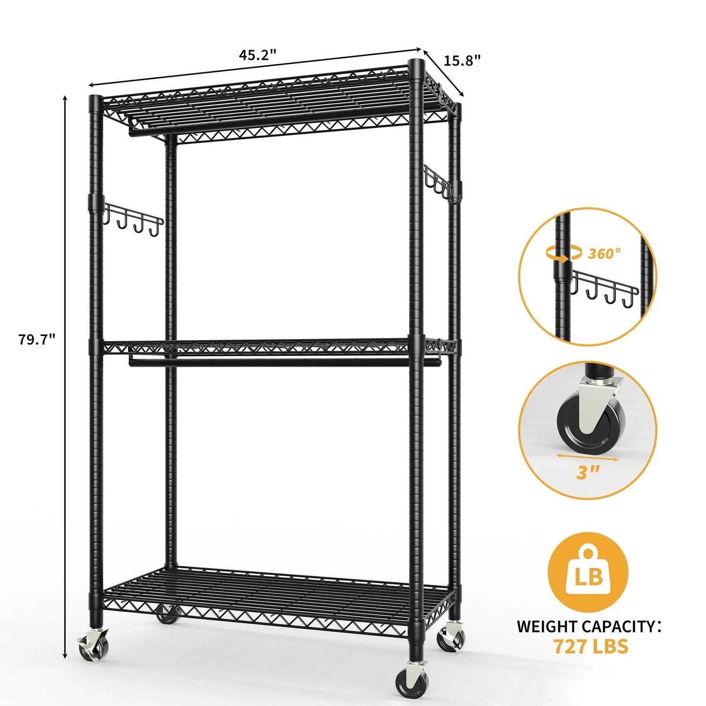 3-Tier Rolling Metal Garment Rack with Adjustable Shelves & Dual Hanging Rods