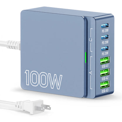 100W 6-Port GaN Quick Charge Hub - PD 3.0 Type C and USB A Charging Case - for Cell Phone Tablet Laptop