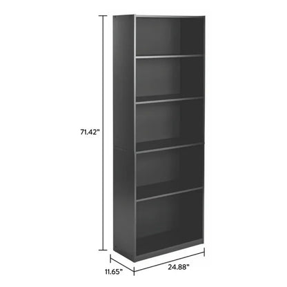 Five-shelf bookcase with adjustable shelves.