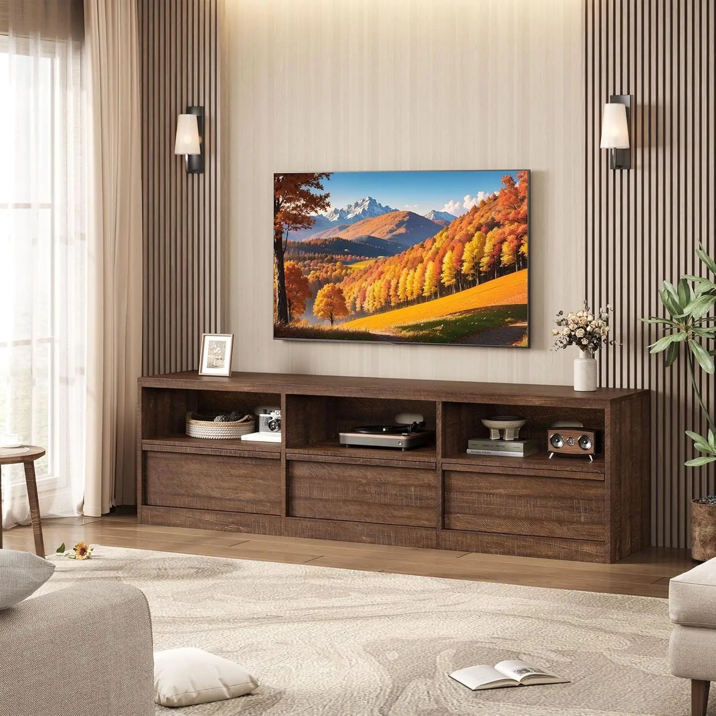 Modern TV Stand with Open Shelving & Storage Drawer