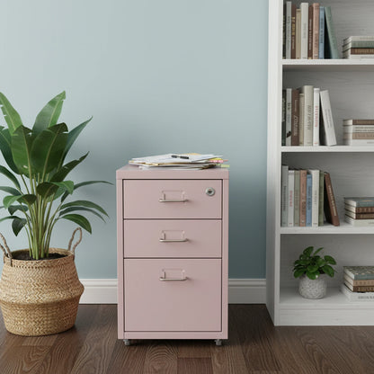 Pink Metal 3-Drawer Lockable Wheeled File Cabinet