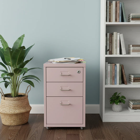 Pink Metal 3-Drawer Lockable Wheeled File Cabinet