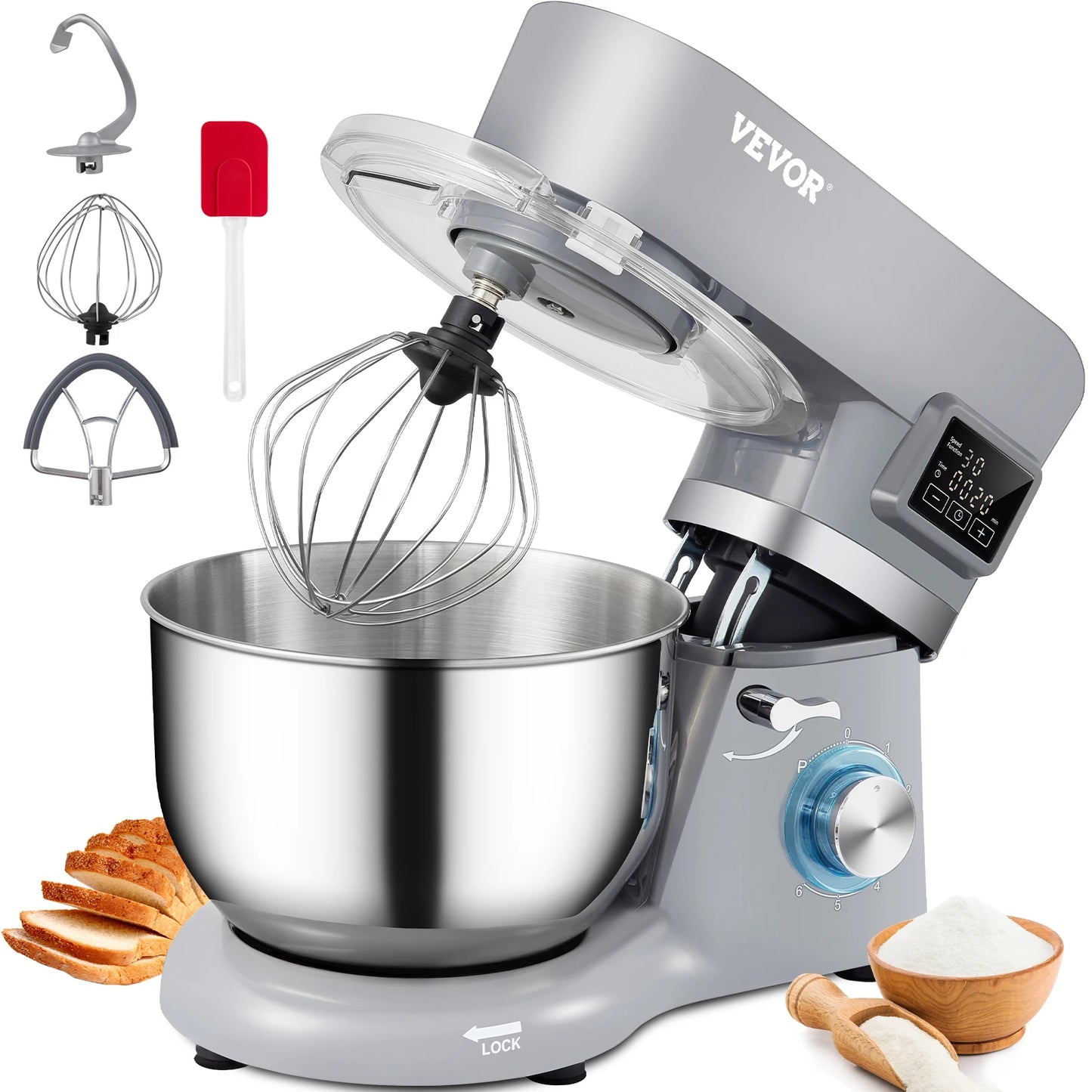 Electric Stand Mixer with 6 Speeds LCD Screen 5.8 Qt Stainless Steel Bowl