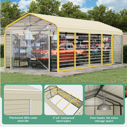Heavy Duty 12x24 FT Car Shed with Galvanized Steel Frame and Reinforced Base