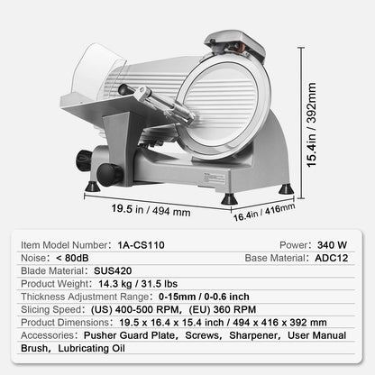 8/10 Inch adjustable Thickness Deli Meat and Cheese Slicer.