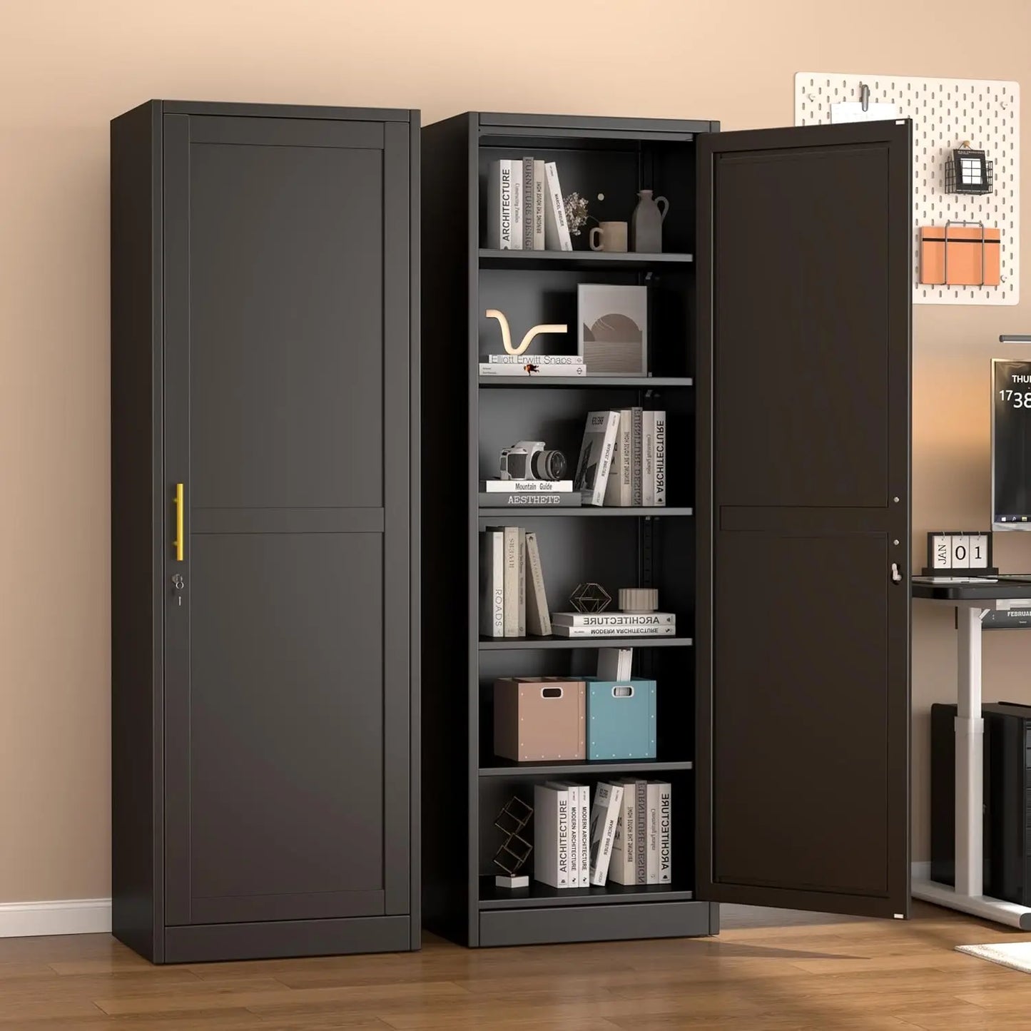 Black Single Door Locking Metal Cabinet 67"H 20"W