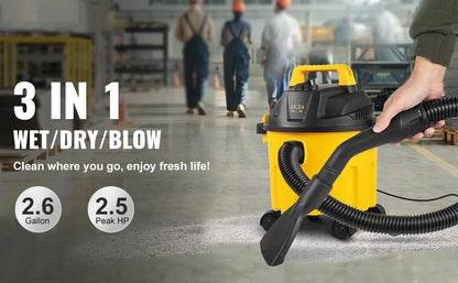 3 in 1 Wet Dry Portable Shop Vacuum with Blowing Function Vac 2.6 Gallon 2.5 Peak HP
