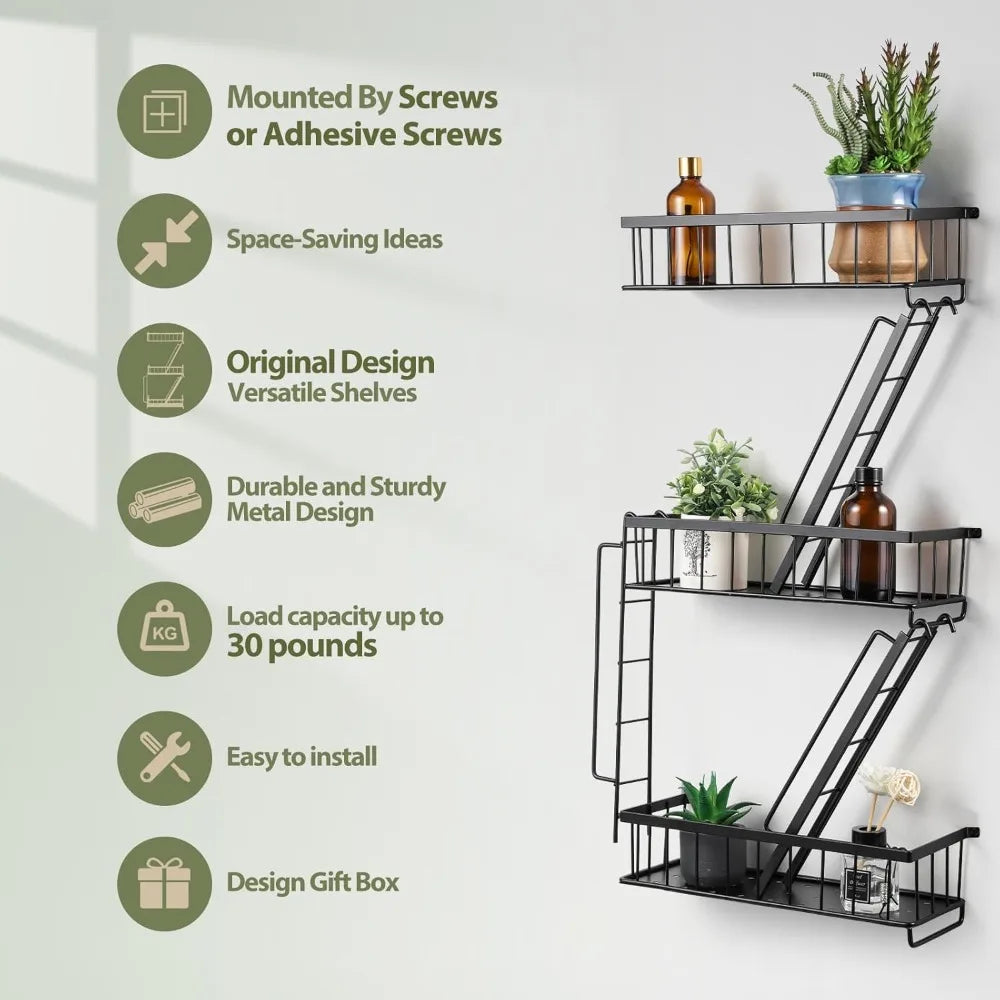 3 Tier Wall Mounted Decorative Ladder Shelf, Black Metal
