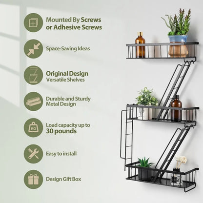 3 Tier Wall Mounted Decorative Ladder Shelf, Black Metal