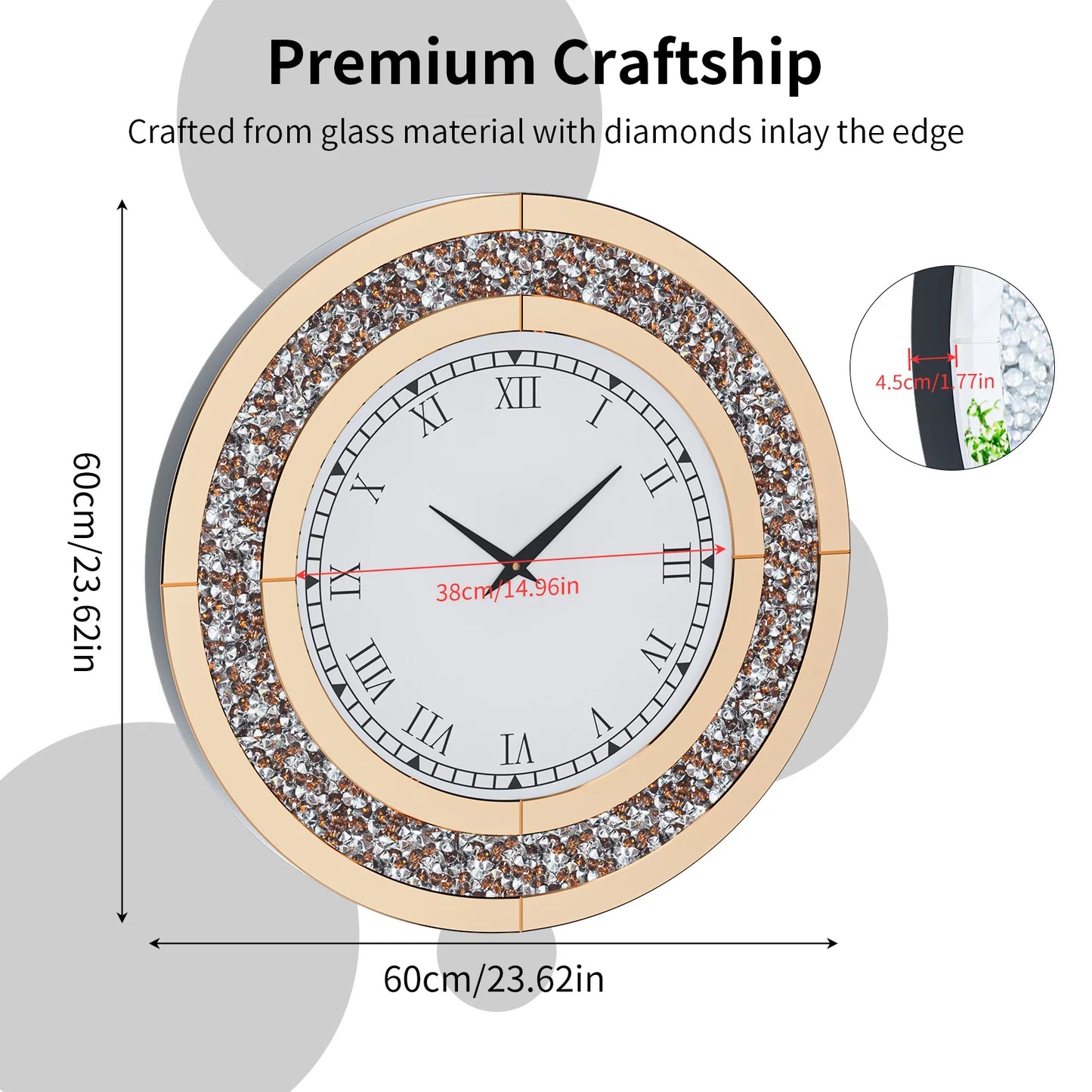 24"-in. Crystal Sparkle Round Mirrored Wall Clock