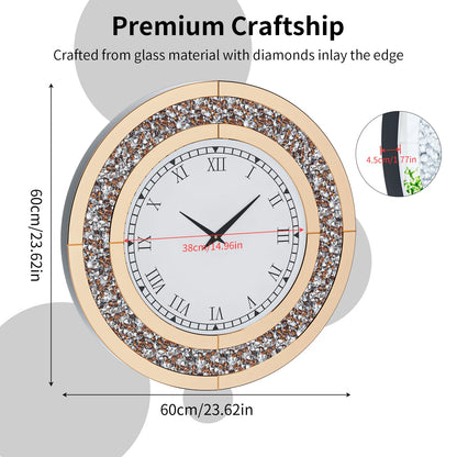 24"-in. Crystal Sparkle Round Mirrored Wall Clock