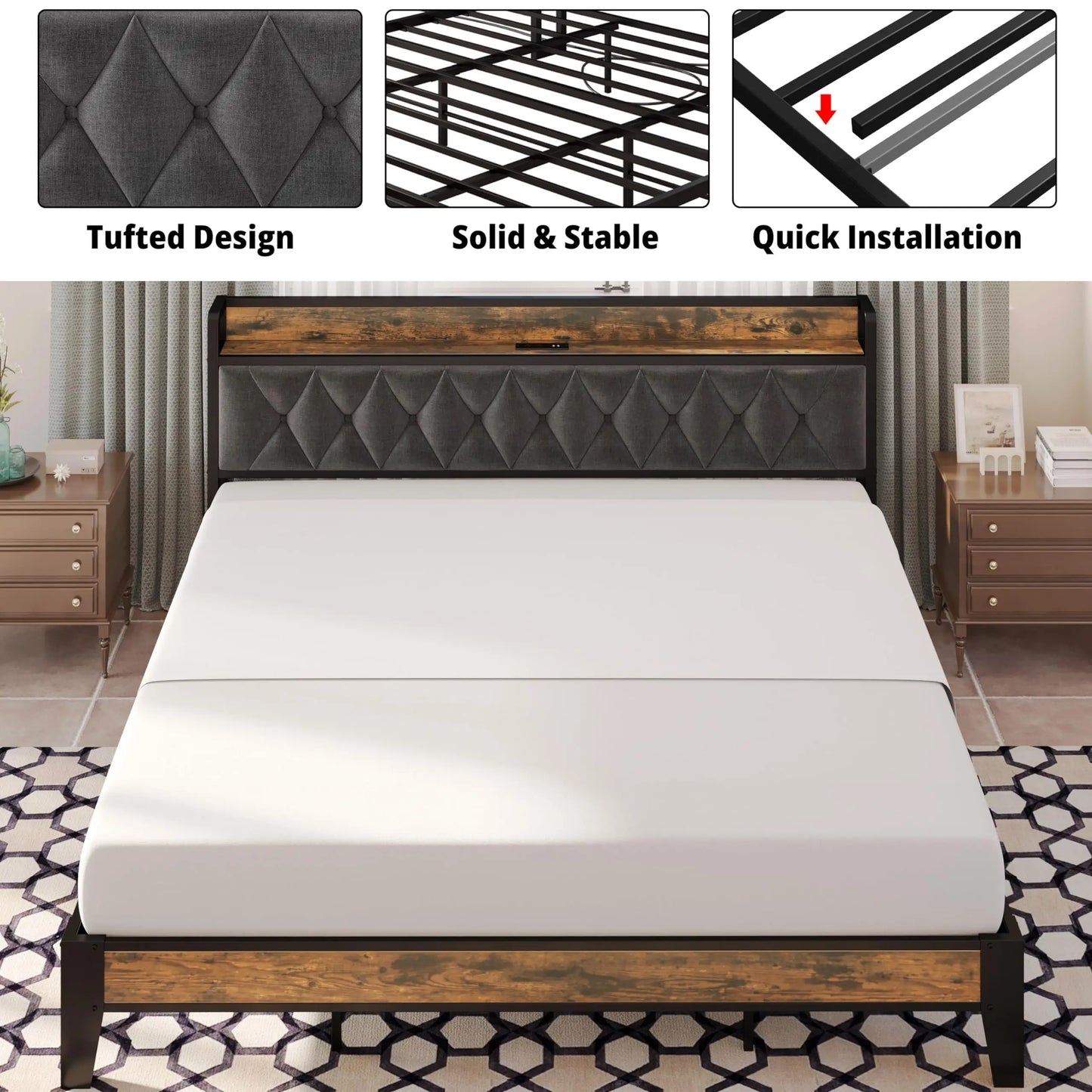 Storage Headboard with Outlets, Twin/Twin XL/Full/Queen/King/California King Bed Frames, No Box Springs Needed