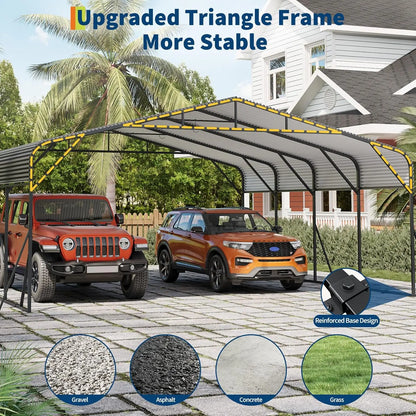 20x20 FT Heavy Duty Galvanized Steel Roof, Reinforced Base, Outdoor Car Shelter