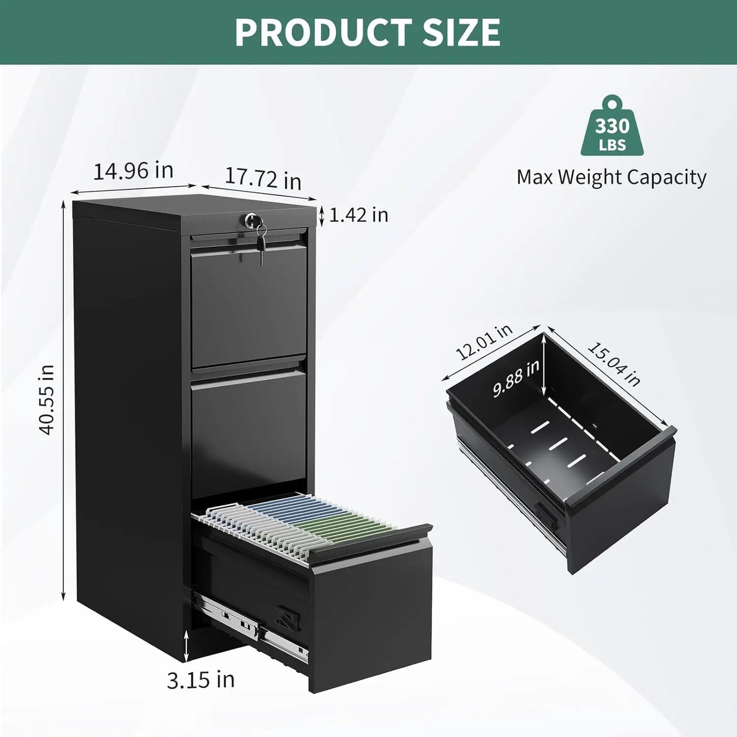 3 Drawer Metal Lateral File Cabinet with Lock & Keys