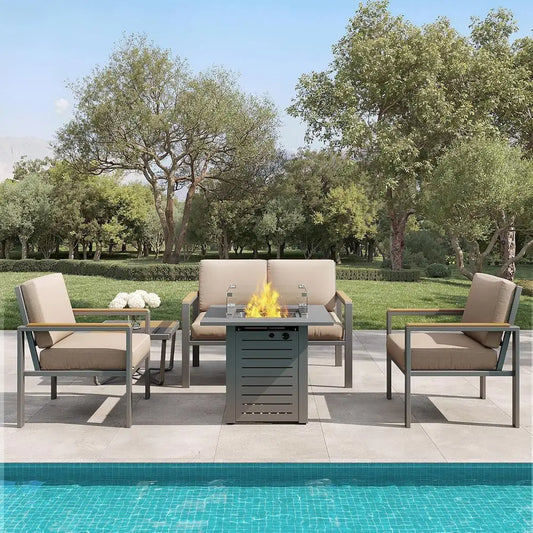 5-Piece Metal Outdoor Sectional Patio Furniture Set with Fire Pit Table with Cushions.