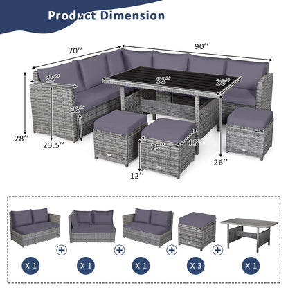 7 PCS Rattan Dining Set, Sectional Sofa Couch, with Ottoman