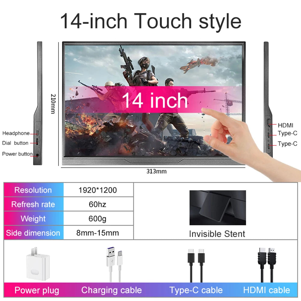 14inch Touch Screen Monitor, Ultra-thin 1200P IPS USB-C HDMI External Second Screen for Laptop PC Cell Phone Switch PS4/5 Xbox