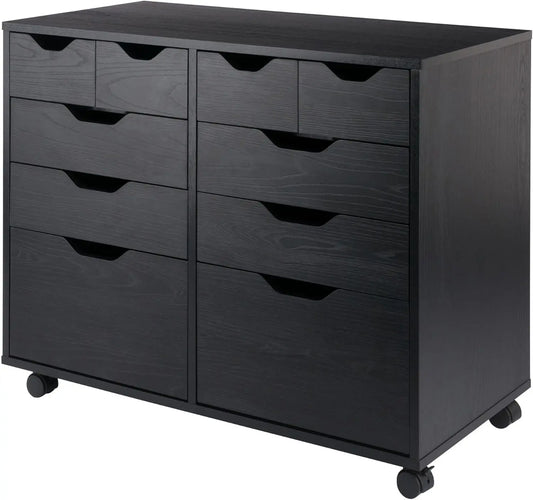 Mobile Cabinet with 5 Drawers and Side Storage, Black Finish