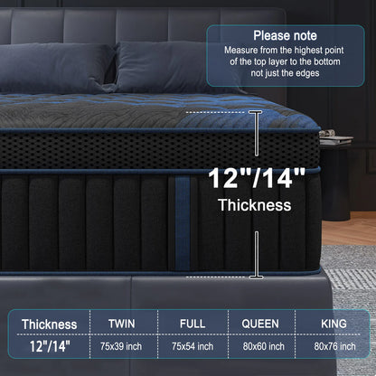 12"Gel Memory Foam Hybrid Pocket Spring Mattress Twin Full Queen King Bed Mattress In A Box, Medium Firm with Motion Isolation