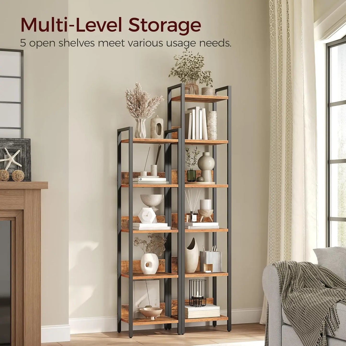 5-Tier Bookcase for Small Spaces, Rustic Brown & Black.