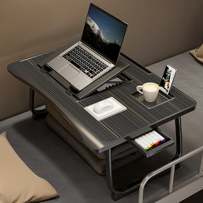 Foldable laptop desk with lifting laptop rack or home breakfast tray with drawers